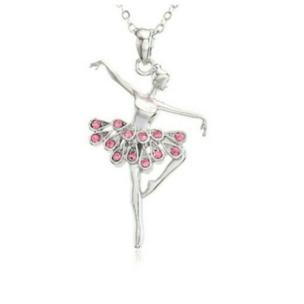 Rose Pink CZ Ballerina Dancer Pendant Necklace Charm Ballet